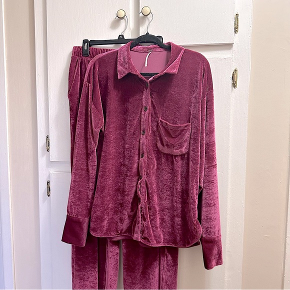 Free People Other - Free People Burgundy Velvet Velour 2 Piece Pajama Loungewear Set Shirt & Pants